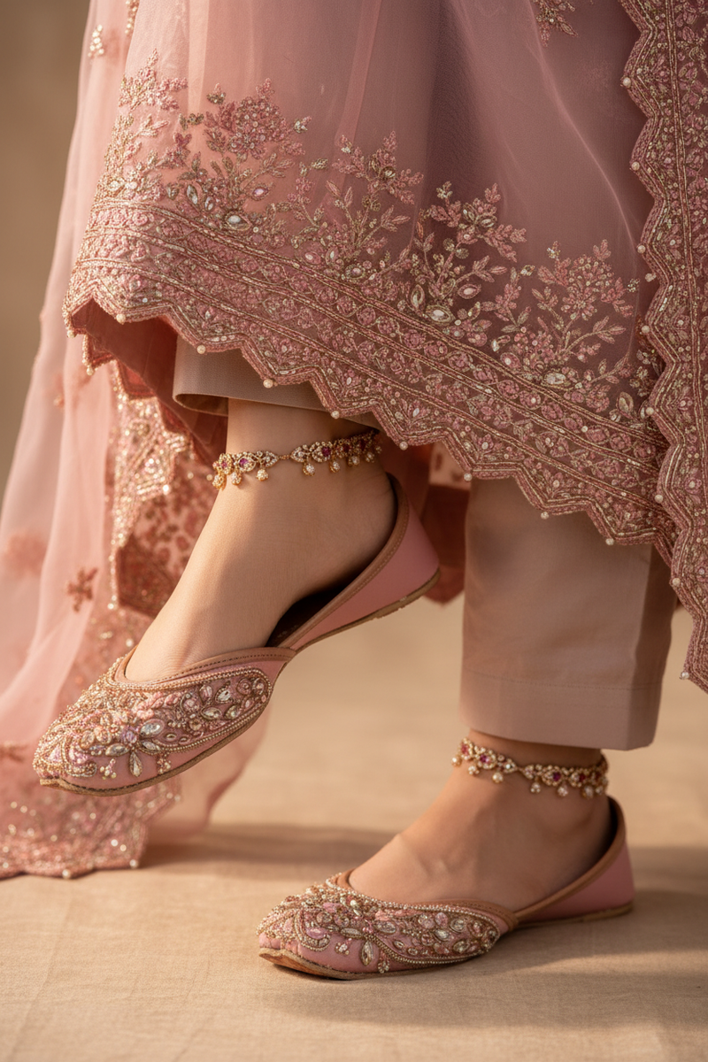 Rose Pink Khussa Jutti - Lifestyle on Feet